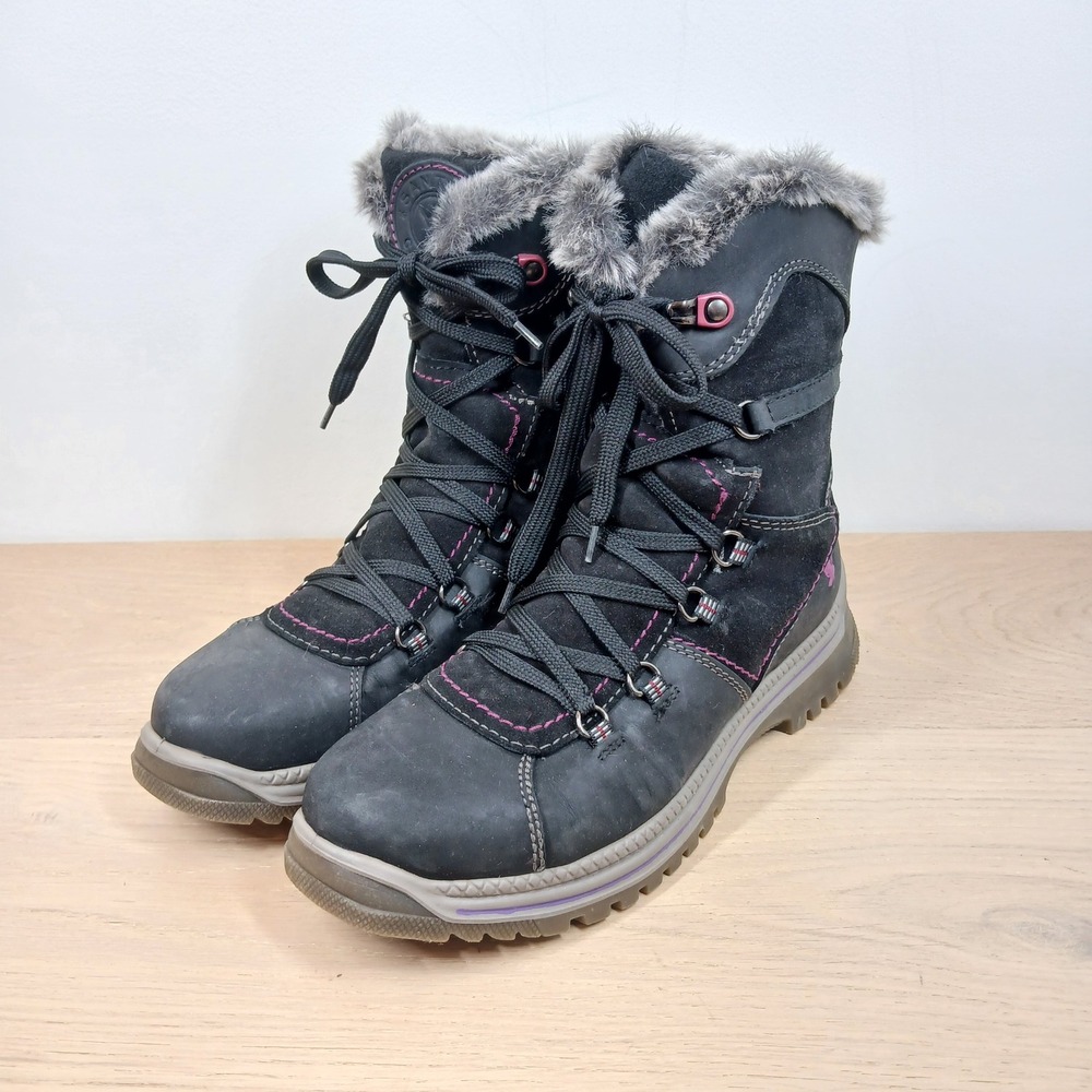 Santana Canada Womens 9 Black Leather Waterproof Winter Boots Faux Fur Trim